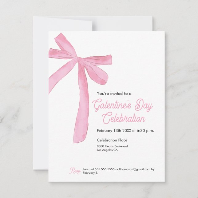 Invitation Galentine's day Pink Ribbon Bow Girly modern (Devant)