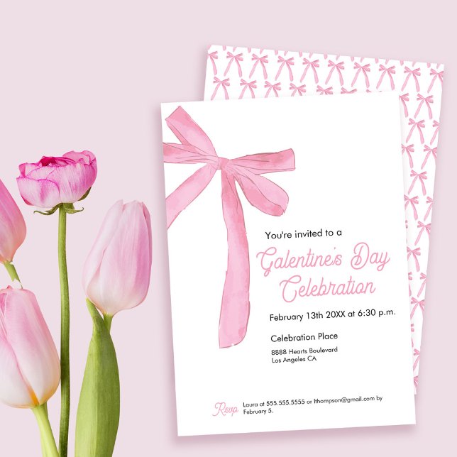 Invitation Galentine's day Pink Ribbon Bow Girly moderne (Galentine's day pink bow ribbon invitation theme.)