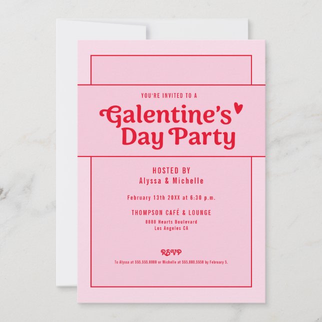 Invitation Galentine's Day Red Pink Party Trendy Cool (Devant)