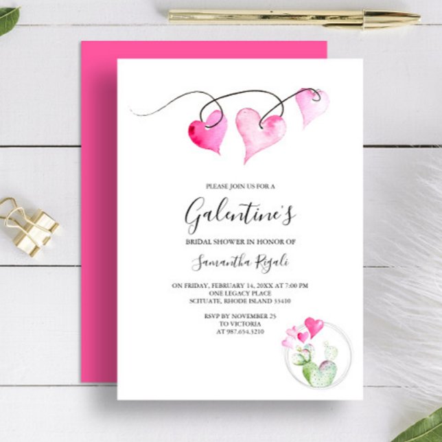 Invitation Galentines Fête des mariées à thème (Bridal shower invitation for Valentine's Day features watercolor pink hearts and cactus Victoria )
