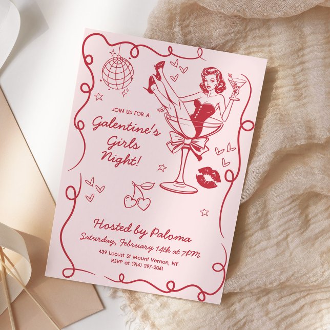 Invitation Galentines Filles Soirée Main Tiré rose (Créateur téléchargé)