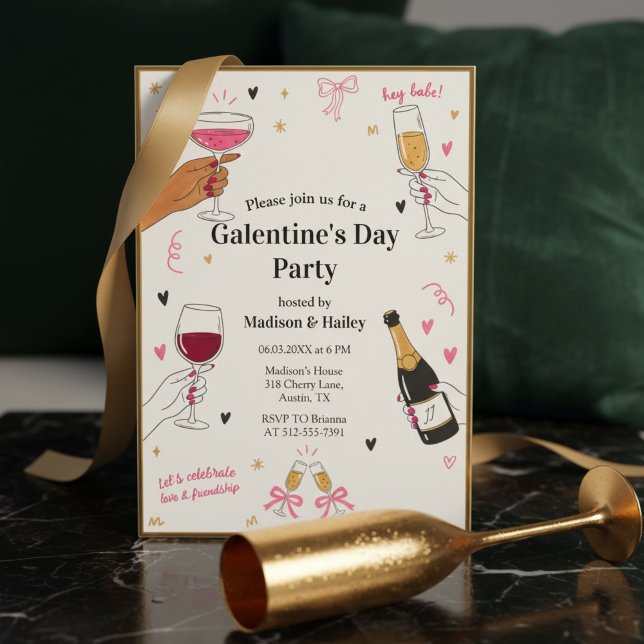 Invitation Galentines Hey Babe Cadre Doré (A trendy Galentine's Day invitation with gold frame border)