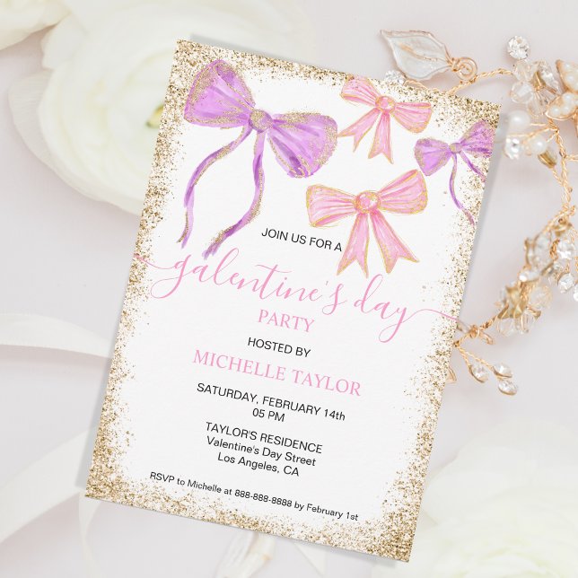 Invitation Galentines Parties scintillant de la fête du jour  (pink and purple watercolor bows)