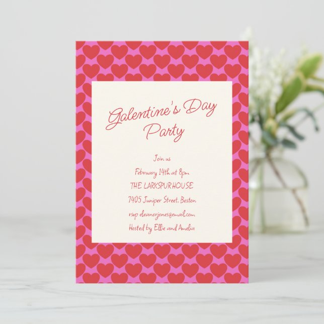 Invitation Galentine's Party Pink and Red Heart Valentine (Debout devant)