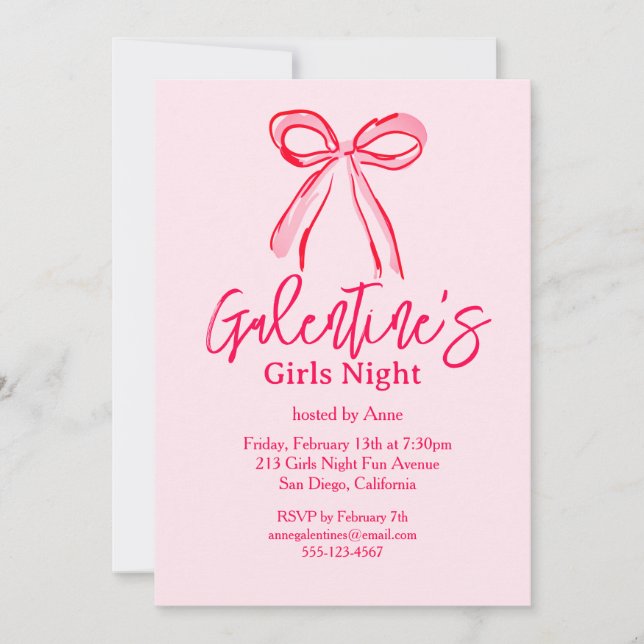 Invitation Galentine's Pink Red Hand Drawn Girls Night Party (Devant)