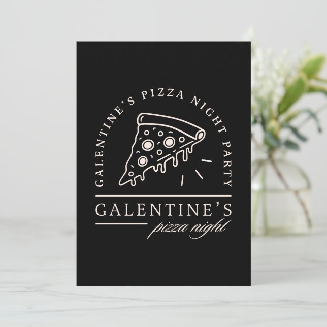 Invitation Galentines pizza nuit besties fête noir (Debout devant)