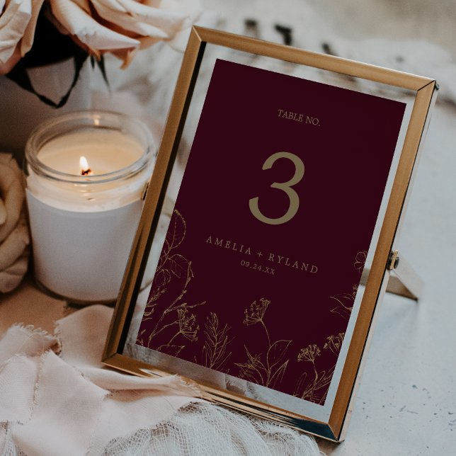 Invitation Galerie florale dorée imprimable Bourgogne Or Numé (Gilded Floral Printable Burgundy Gold Table Number)