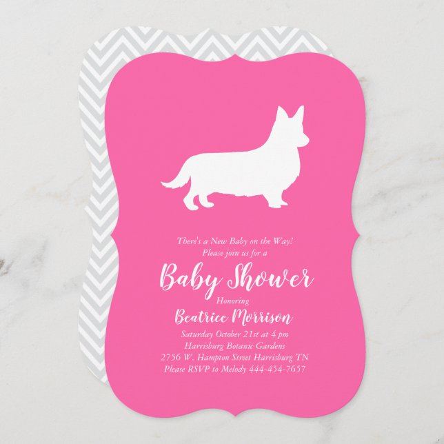 Invitation Gallois Corgi Baby shower fille rose (Devant / Derrière)