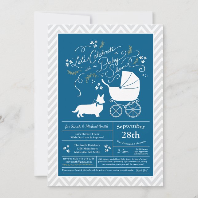 Invitation Gallois Corgi Chien Baby shower Blue Boy (Devant)