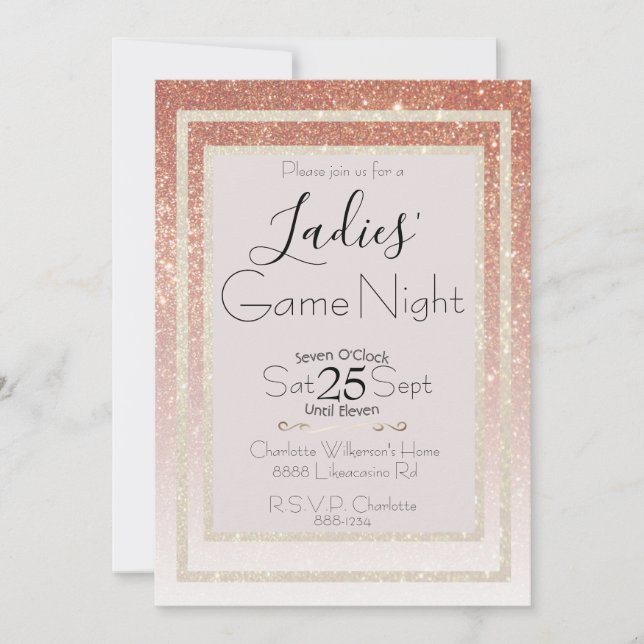 Invitation Game Night Rose Blush et Gold Parties scintillant (Devant)