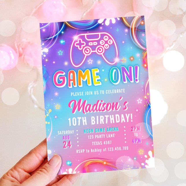 Invitation Game On Fête d'anniversaire Fille Neon Arcade de j (Créateur téléchargé)