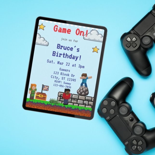 Invitation Game On! Pixel Block Game Birthday (Créateur téléchargé)