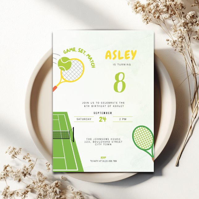 Invitation Game, Set, Match Tennis Party Trendy 8th Birthday (Tennis Themed 8th birthday invitation for boys and girls)
