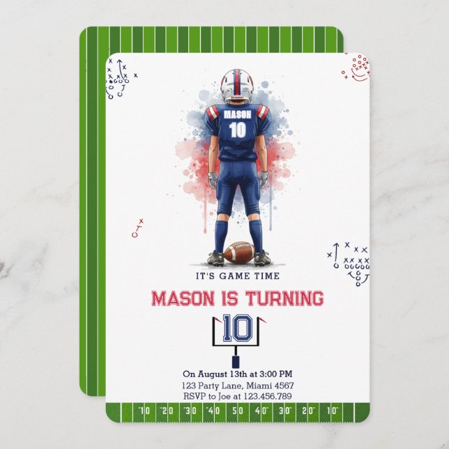 Invitation Game Time Watercolor Football Boy Birthday (Devant / Derrière)
