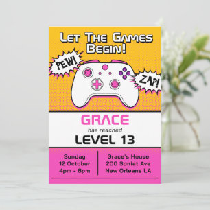 Invitation Gamer Girl Pink Yellow Controller 13e anniversaire