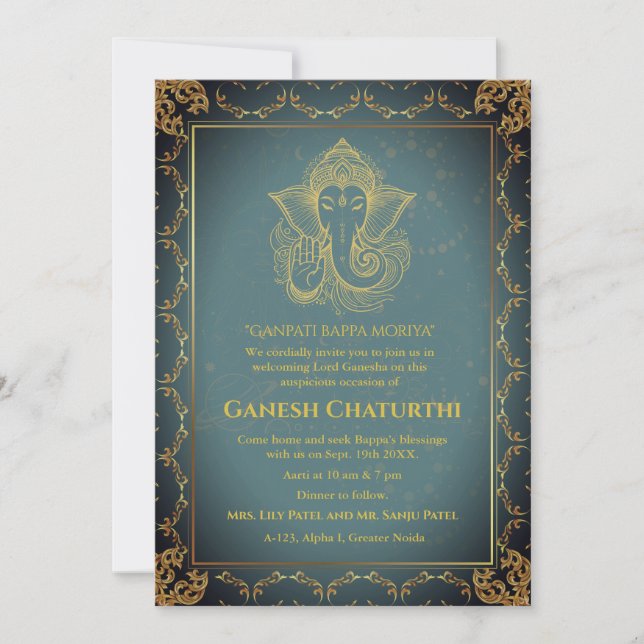 Invitation Ganesh Chaturthi Puja Roya Eléments dorés (Devant)