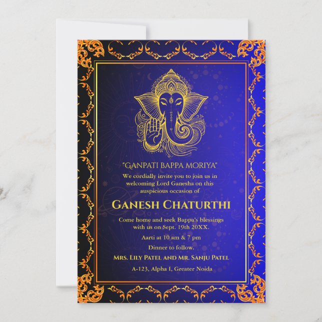 Invitation Ganesh Chaturthi Puja Roya Eléments dorés (Devant)