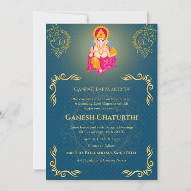 Invitation Ganesh Chaturthi Puja Roya Eléments dorés (Devant)