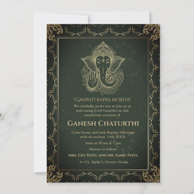 Invitation Ganesh Chaturthi Puja Roya Eléments dorés (Devant)