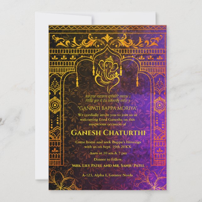 Invitation Ganesh Chaturthi Puja Roya Eléments dorés (Devant)