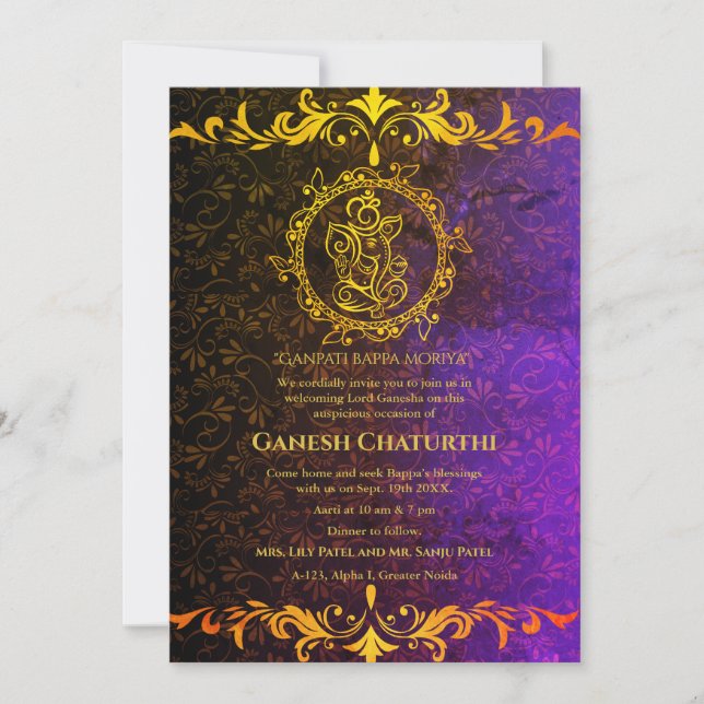Invitation Ganesh Chaturthi Puja Roya Eléments dorés (Devant)