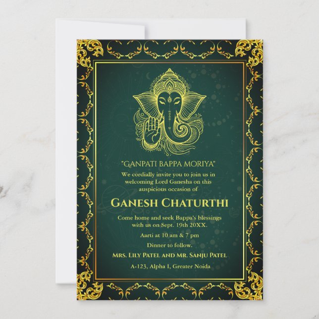 Invitation Ganesh Chaturthi Puja Roya Eléments dorés (Devant)