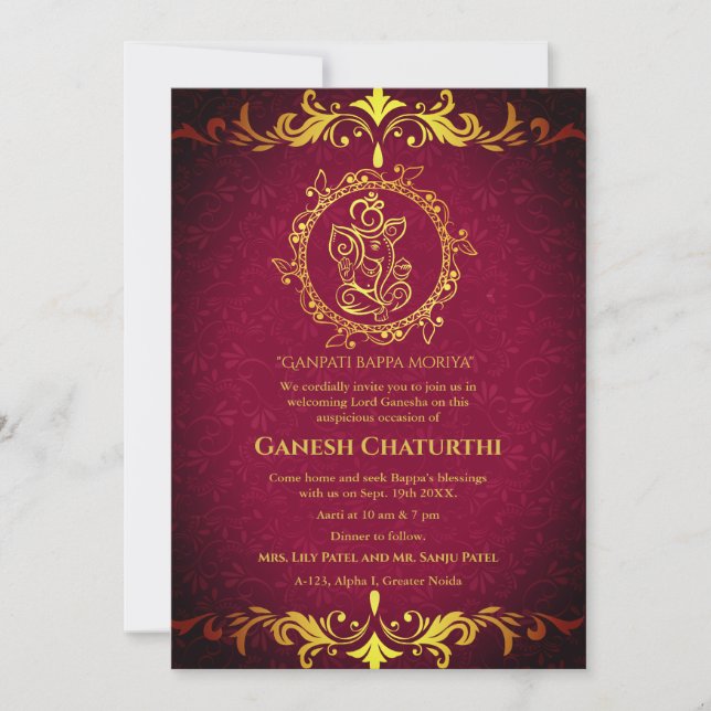 Invitation Ganesh Chaturthi Puja Roya Eléments dorés (Devant)