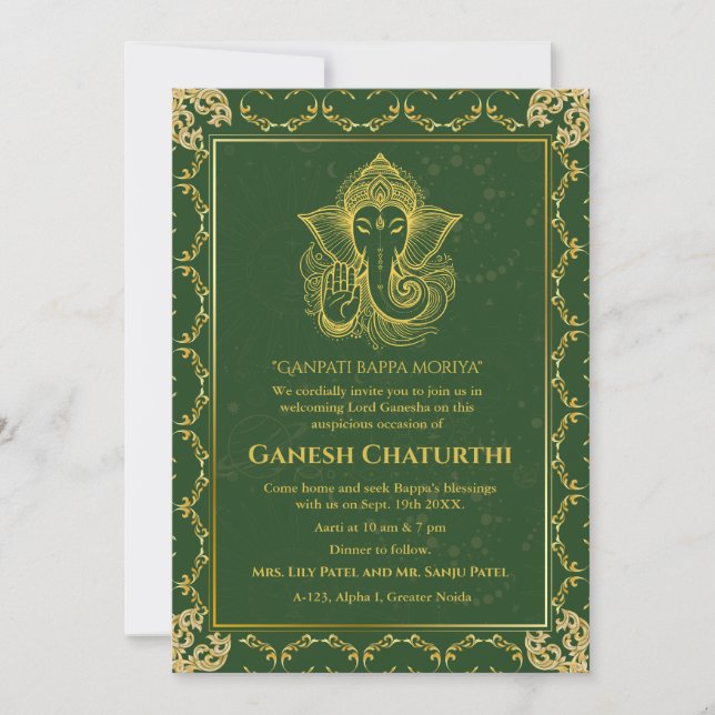 Invitation Ganesh Chaturthi Puja Roya Eléments dorés (Devant)