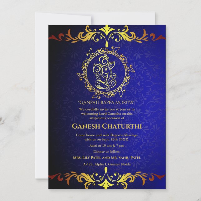 Invitation Ganesh Chaturthi Puja Roya Eléments dorés (Devant)