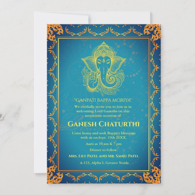Invitation Ganesh Chaturthi Puja Roya Eléments dorés (Devant)