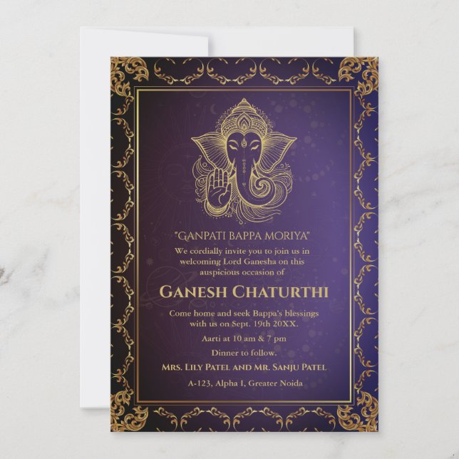 Invitation Ganesh Chaturthi Puja Roya Eléments dorés (Devant)