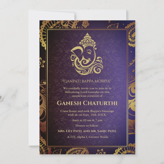 Invitation Ganesh Chaturthi Puja Roya Eléments dorés (Devant)