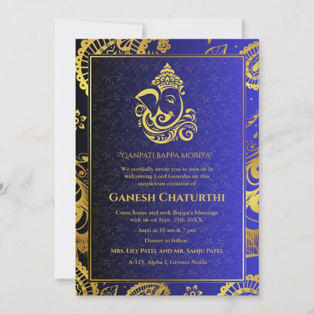Invitation Ganesh Chaturthi Puja Roya Eléments dorés (Devant)
