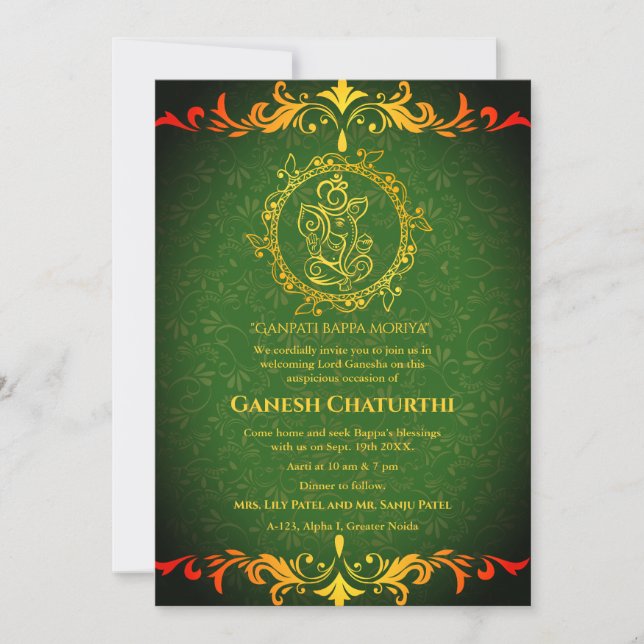 Invitation Ganesh Chaturthi Puja Roya Eléments dorés (Devant)