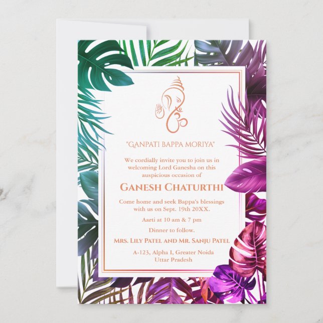 Invitation Ganesh Chaturthi Puja Tropical Feuilleté Minimal (Devant)