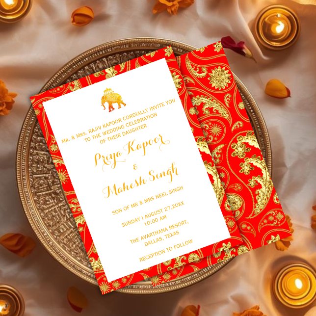 Invitation Ganesha éléphant de mariage indien rouge et or (Créateur téléchargé)