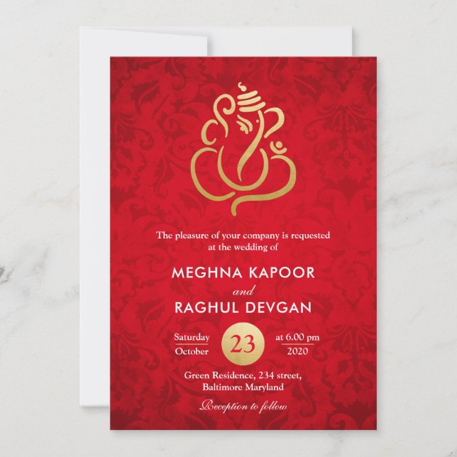 Invitation Ganesha/Faux d'or indien Mariage damassé rouge (Devant)