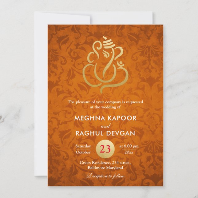 Invitation Ganesha/Faux Gold Foil Orange Damas (Devant)
