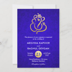 Invitation Ganesha/Indian Faux Gold Foil Blue Mariage damassé