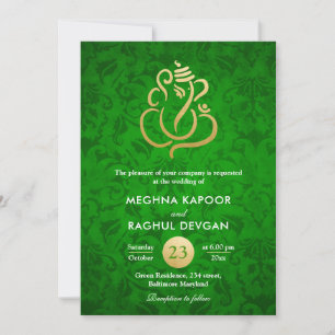 Invitation Ganesha/Indian Faux Gold Foil Green Mariage damass