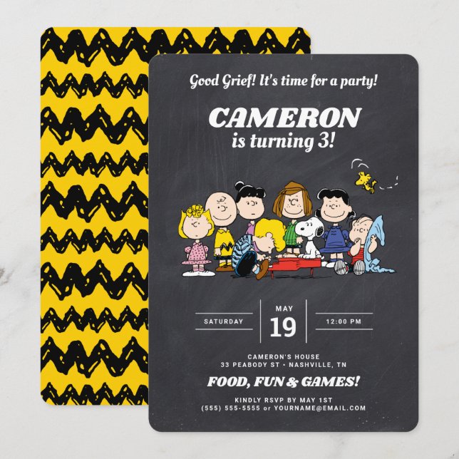 Invitation Gang des cacahuètes | Chalkboard Anniversaire (Devant / Derrière)