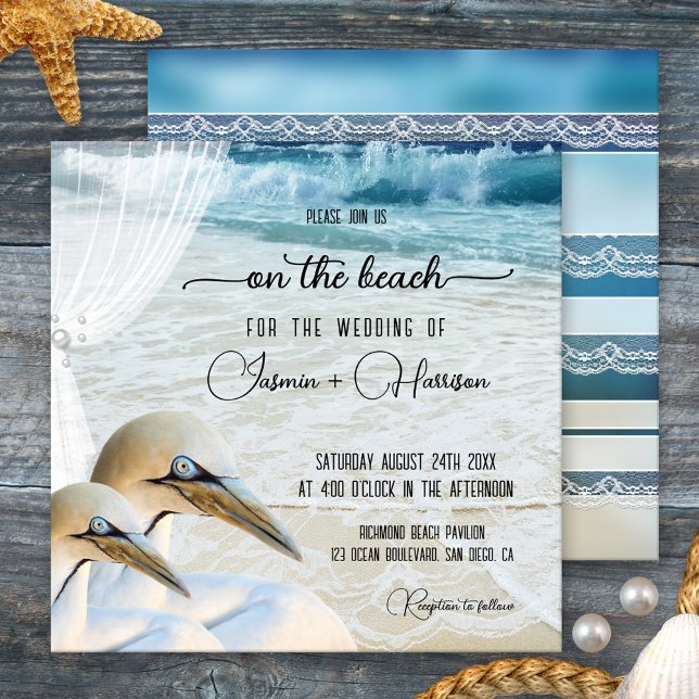 Invitation Gannet Beach avec la dentelle Destination Mariage (Beach or destination wedding invitation featuring an original design with gannets and a veil)