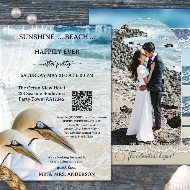 Invitation Gannet QR Beach Photo Heureusement Jamais Après Ma (Happily ever after beach wedding invitation with elegant gannets and QR code template)