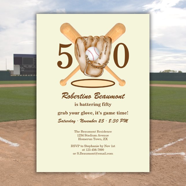 Invitation Gant de baseball Batte Thème Hommes 50e Anniversai (Créateur téléchargé)