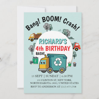 Invitation Garbage Truck Themed Kids Trash Party Birthday