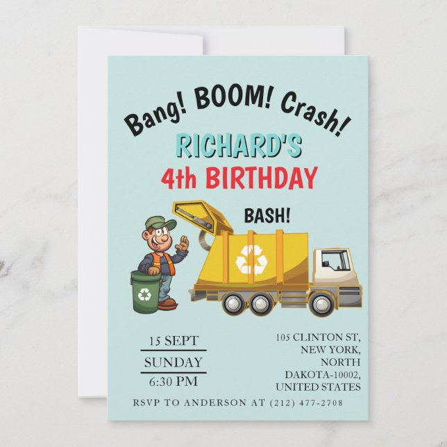 Invitation Garbage Truck Themed Kids Trash Party Birthday (Devant)