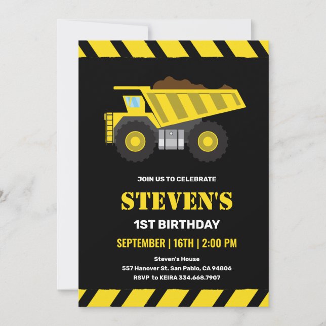 Invitation Garçon 1er Anniversaire Camion de Chantier (Devant)