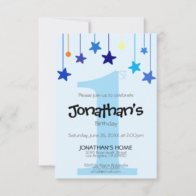 Invitation Garçon 1er anniversaire Cool Light Blue Stars (Devant)