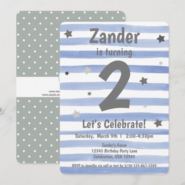 Invitation garçon 1er anniversaire étoile bleue  (Devant / Derrière)