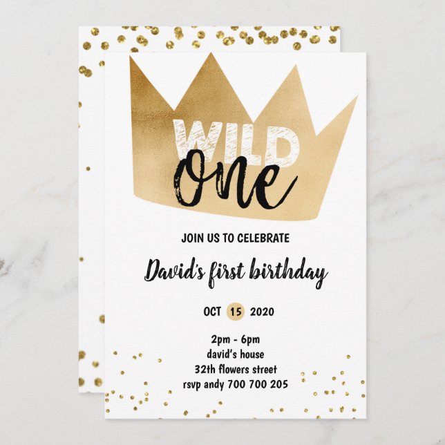 Invitation Garçon 1er anniversaire WILD ONE Gold Foil Crown C (Devant / Derrière)